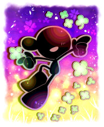 Rule 34 | 1boy, bald, black skin, clover, colored skin, four-leaf clover, full body, game &amp; watch, highres, lens flare, male focus, mr. game &amp; watch, nintendo, purple background, shiwasuda kuuu, solo, yellow background