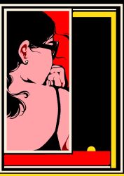 Rule 34 | 1girl, abstract background, black-framed eyewear, black camisole, black hair, camisole, earrings, facing away, flat color, from behind, hand up, highres, jewelry, minillustration, original, solo