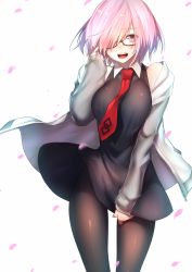 Rule 34 | 1girl, :d, black-framed eyewear, black dress, black pantyhose, breasts, cherry blossoms, cowboy shot, dress, fate/grand order, fate (series), floating hair, glasses, grey jacket, hair over one eye, hand in own hair, highres, jacket, large breasts, looking at viewer, mash kyrielight, necktie, open clothes, open jacket, open mouth, pantyhose, pink hair, purple eyes, rahato, red necktie, shiny clothes, short dress, short hair, simple background, smile, solo, standing, white background