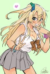 Rule 34 | 1girl, blonde hair, blush, bow, bowtie, breasts, cleavage, copyright request, cowboy shot, dated, geshumaro, green eyes, grey background, grey skirt, grin, hair between eyes, hair ornament, hair scrunchie, heart, highres, large breasts, leaning forward, looking at viewer, miniskirt, orange bow, orange bowtie, pleated skirt, polka dot, scrunchie, signature, simple background, skirt, smile, solo, spoken heart, standing, unmoving pattern, v over mouth, w