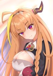 Rule 34 | 1girl, absurdres, ahoge, black hairband, black jacket, blonde hair, braid, breasts, brooch, chain, chain necklace, cleavage, cleavage cutout, clothing cutout, collared shirt, commentary request, dragon girl, dragon horns, feweryen, from side, gem, hairband, head tilt, highres, hololive, horns, jacket, jewelry, kiryu coco, kiryu coco (1st costume), large breasts, light blush, long hair, looking at viewer, multicolored eyes, multicolored hair, necklace, orange hair, purple eyes, red eyes, shirt, side braid, sidelocks, single braid, smile, solo, streaked hair, upper body, virtual youtuber, white shirt