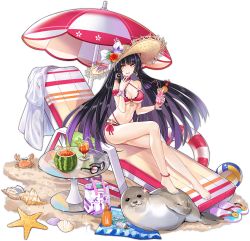 Rule 34 | 1girl, animal, anklet, ark order, artist request, bag, ball, bare legs, beach chair, beach towel, beach umbrella, beachball, bikini, black hair, blue nails, blunt bangs, bow, braid, breasts, brown hat, conch, crab, crescent, crescent earrings, cup, drinking straw, earrings, faux figurine, flower, food, fruit, full body, glass table, hat, hat bow, hat flower, holding, holding cup, innertube, jewelry, large breasts, long hair, looking at viewer, lotion, nail polish, navel, official art, orange (fruit), orange slice, pink bikini, sand, sandals, seal (animal), seashell, shell, side-tie bikini bottom, side braids, sitting, solo, sparkle, starfish, straw hat, sunglasses, sunscreen, swim ring, swimsuit, table, toenail polish, toenails, towel, transparent background, tsukuyomi no mikoto (ark order), twin braids, umbrella, unworn eyewear, unworn sandals, very long hair, watermelon, white bow