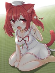 Rule 34 | 1girl, :d, absurdres, animal ears, arm strap, arm support, azur lane, bell, between legs, black choker, blush, breasts, brown socks, cat ears, cat tail, choker, cleavage, collarbone, commentary request, dress, fang, full body, hair between eyes, hair intakes, hand between legs, hand up, hat, highres, holding, huge filesize, i-19 (azur lane), i-19 (departure&#039;s gentle breeze) (azur lane), kinomiki nobori, large breasts, long hair, looking at viewer, mimikaki, mini hat, neck bell, neck ribbon, open mouth, red eyes, red hair, red ribbon, ribbon, sailor collar, sailor dress, shadow, sidelocks, sitting, skin fang, sleeveless, sleeveless dress, smile, socks, solo, tail, tatami, taut clothes, taut dress, tilted headwear, twintails, wariza, white dress, white sailor collar