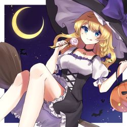 Rule 34 | 1girl, adapted costume, ameria (artist), bat (animal), black dress, black hat, blonde hair, bloomers, blue eyes, bow, breasts, broom, broom riding, candy, commentary request, crescent, crescent moon, dress, food, frilled dress, frills, halloween, halloween bucket, hat, hat bow, highres, kirisame marisa, lollipop, long hair, moon, night, puffy short sleeves, puffy sleeves, pumpkin, purple bow, short sleeves, small breasts, star (symbol), tongue, tongue out, touhou, underwear, white bloomers, white dress, witch hat
