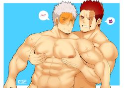 Rule 34 | 2boys, abs, absurdres, bara, beard, blue eyes, blush, boku no hero academia, couple, cross scar, endeavor (boku no hero academia), facial hair, fujimachine (clayten), grabbing, groping, highres, hug, hug from behind, large pectorals, male focus, manly, mature male, multiple boys, muscular, muscular male, nipples, pectoral grab, pectorals, red hair, scar, smile, spiked hair, topless male, upper body, vlad king (boku no hero academia), white hair, yaoi