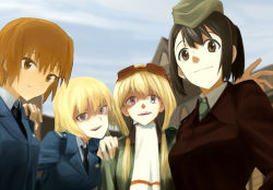 Rule 34 | 4girls, :d, black necktie, blonde hair, blue jacket, blue sky, brown-framed eyewear, brown eyes, brown hair, brown jacket, building, carla j. luksic, closed mouth, day, garrison cap, geena preddy, goggles, goggles on head, green eyes, green hat, green necktie, grey eyes, hair tie, hat, jacket, jennifer j deblanc, long hair, long sleeves, looking at viewer, low twintails, marian e. carl, military, military uniform, multiple girls, necktie, noble witches, open mouth, outdoors, scarf, shiratama (hockey), short hair, sky, smile, tareme, twintails, uniform, upper body, white scarf, world witches series