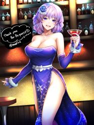 Rule 34 | 1girl, absurdres, bar (place), breasts, chair, cleavage, cocktail, cocktail glass, commission, cup, detached sleeves, dress, drinking glass, feet out of frame, groin, hair ornament, highres, holding, holding cup, indoors, jewelry, large breasts, letty whiterock, looking at viewer, mitama mudimudi, necklace, open mouth, purple dress, purple eyes, purple hair, short hair, skeb commission, smile, solo, touhou, twitter username