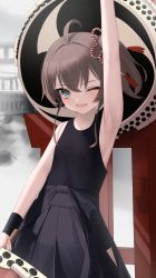 Rule 34 | 1girl, ;d, absurdres, ahoge, aqua eyes, arm up, armpits, bare shoulders, black dress, blush, brown hair, commentary request, cowboy shot, dress, drum, hair ribbon, highres, hip vent, hololive, instrument, looking at viewer, natsuiro matsuri, one eye closed, one side up, open mouth, ribbon, short hair with long locks, sidelocks, sleeveless, sleeveless dress, smile, solo, taiko drum, tassel, thomas 8000, virtual youtuber, wristband