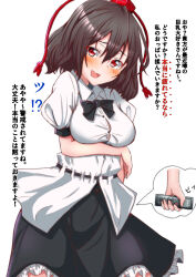 Rule 34 | 1girl, arm behind back, black bow, black bowtie, black skirt, blush, bow, bowtie, brown hair, clip studio paint (medium), commentary request, hat, highres, holding, looking at viewer, medium hair, mukkushi, open mouth, puffy short sleeves, puffy sleeves, red eyes, red hat, shameimaru aya, short sleeves, simple background, skirt, smile, solo, tokin hat, touhou, translation request, voice recorder, white background