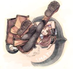 Rule 34 | 1girl, :d, anchor, arc system works, arm up, black pantyhose, boots, brown hair, chain, character name, citolo, fingerless gloves, from above, gloves, guilty gear, hat, kicking, long hair, may (guilty gear), one eye closed, open mouth, pantyhose, smile, solo, wink, yellow eyes