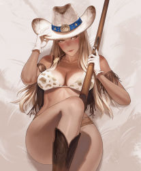 Rule 34 | 1girl, animal print, blonde hair, blush, boots, breasts, brown eyes, commentary, cow print, cowboy boots, cowboy hat, cowboy shot, dark-skinned female, dark skin, english commentary, gloves, gun, hat, highres, holding, holding gun, holding weapon, in mouth, large breasts, long hair, looking away, lying, nuker (nukerdraws), on back, original, shadow, solo, tan, thick thighs, thighs, weapon, white gloves, wide hips