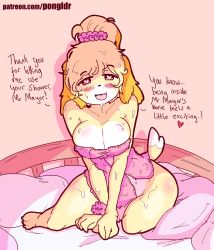 Rule 34 | 1girl, animal crossing, animal ears, animal hands, artist name, barefoot, bed, blonde hair, blush, breasts, brown eyes, claws, cleavage, collarbone, dog ears, dog girl, dog tail, english text, fangs, female focus, full body, furry, furry female, half-closed eyes, happy, heart, heart-shaped pupils, indoors, isabelle (animal crossing), jaggy lines, large breasts, looking at viewer, naked towel, nintendo, on bed, open mouth, patreon username, pillow, pongldr, scrunchie, shiny skin, short hair, sitting, smile, solo, spoken heart, symbol-shaped pupils, tail, talking, text focus, topknot, towel, v arms, watermark, web address, wet, wet hair