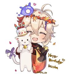 Rule 34 | 1boy, animal, antenna hair, armor, birthday cake, blush, cake, candle, cat, character name, closed eyes, food, genshin impact, happy birthday, head wreath, heart, highres, holding, holding animal, holding cat, japanese armor, japanese clothes, jqpz 30, kaedehara kazuha, leaf, leaf print, male focus, multicolored hair, open mouth, purple ribbon, red eyes, ribbon, seelie (genshin impact), streaked hair, tail, tail ornament, tail ribbon, twitter username, white background, white cat, white hair