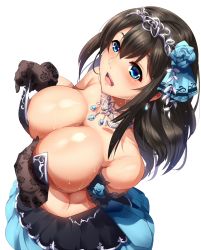 Rule 34 | 10s, 1girl, armband, bare shoulders, black gloves, black hair, blue eyes, blue flower, blush, breast hold, breasts, cleavage, collarbone, dress, floral print, flower, from above, gloves, hair flower, hair ornament, highres, idolmaster, idolmaster cinderella girls, idolmaster cinderella girls starlight stage, jewelry, large breasts, long hair, looking at viewer, magukappu, necklace, open mouth, rose print, sagisawa fumika, simple background, solo, sweat, tiara, white background