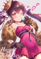 Rule 34 | 1girl, animal print, anoa, bare shoulders, black gloves, black hair, black ribbon, blush, breasts, cleavage, collarbone, crown, dress, earrings, eyelashes, fur trim, gem, gloves, grey background, hair between eyes, hair ribbon, hand on own hip, happy birthday, hip focus, idolmaster, idolmaster cinderella girls, jewelry, leopard print, long hair, looking at viewer, matoba risa, one eye closed, open mouth, pink dress, print ribbon, ribbon, short dress, simple background, small breasts, solo, tiger stripes, twintails, white ribbon, yellow eyes