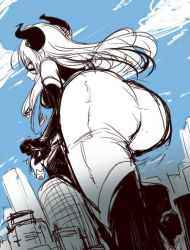 Rule 34 | 10s, 1girl, artist request, ass, blue sky, bodysuit, boku no hero academia, breasts, building, city, cloud, domino mask, female focus, from behind, giant, giantess, gloves, horns, huge ass, lifting person, long hair, looking at viewer, looking back, mask, monochrome, mount lady, outdoors, parted lips, size difference, skin tight, sky, skyscraper, superhero costume, thighhighs, walking