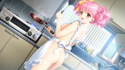 Rule 34 | 1girl, :d, apron, ass, blunt bangs, bow, breasts, doukyuusei, dutch angle, game cg, hair bow, highres, holding, indoors, kitchen, long hair, looking at viewer, looking back, medium breasts, naked apron, nipples, official art, open mouth, pink hair, red eyes, smile, solo, standing, sumeragi kohaku, suzuhi miho, twintails, white apron, yellow bow