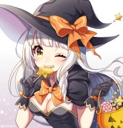 Rule 34 | 1girl, black cape, black dress, black gloves, black hat, bow, breasts, candy, cape, cleavage, commentary, dress, eating, english commentary, food, gloves, halloween, halloween bucket, hat, hat bow, holding, holding candy, holding food, holding lollipop, hood, hooded cape, leaning forward, lollipop, long hair, looking at viewer, medium breasts, mixed-language commentary, one eye closed, open mouth, orange bow, original, smile, solo, strapless, strapless dress, twitter username, upper body, white hair, witch, witch hat, yellow eyes, yukinko (yukiwork)