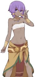 Rule 34 | 1girl, alternate costume, bandeau, bare shoulders, breasts, brown skirt, collarbone, dark skin, dark-skinned female, fate/prototype, fate/prototype: fragments of blue and silver, fate (series), hair ornament, hand up, hassan of serenity (fate), highres, i.u.y, jewelry, navel, necklace, purple eyes, purple hair, simple background, skirt, small breasts, solo, w, white background, white bandeau