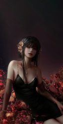 Rule 34 | 1girl, black dress, black gloves, breasts, cleavage, crossed bangs, dress, earrings, expressionless, flower, gloves, gold trim, grey background, hair flower, hair ornament, highres, jewelry, long hair, mole, mole on breast, necklace, nixeu, red eyes, red flower, rose, sidelocks, simple background, sitting, spy x family, thighs, yor briar