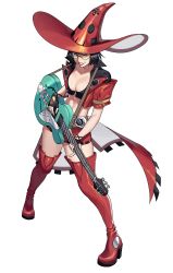 Rule 34 | 1girl, absurdres, arc system works, belt, blue eyes, breasts, brown hair, fingerless gloves, gloves, guilty gear, guitar, hair ornament, hanny (uirusu chan), hat, highres, i-no, instrument, large breasts, looking at viewer, midriff, navel, open mouth, plectrum, red eyes, short hair, simple background, smile, solo, thighhighs, witch hat