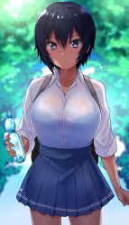 Rule 34 | &gt;:o, 1girl, arm at side, black hair, blue eyes, blue skirt, blurry, blush, bottle, bralines, breasts, cleavage, collarbone, collared shirt, commentary request, dark-skinned female, dark skin, depth of field, gomashi (goma), hair between eyes, holding, holding bottle, large breasts, long sleeves, looking at viewer, miniskirt, mole, mole on neck, original, parted lips, pleated skirt, see-through, shirt, shirt tucked in, short hair, skirt, sleeves rolled up, solo, standing, sweat, tree, v-shaped eyebrows, water, wet, wet clothes, wet shirt, white shirt