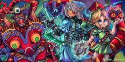 Rule 34 | armor, aura, back turned, colored sclera, dark persona, dual persona, facial tattoo, fierce deity, fingerless gloves, frown, gloves, glowing, glowing mask, glowing weapon, green eyes, hat, heart, highres, holding, holding mask, holding sword, holding weapon, link, looking at another, looking at viewer, looking to the side, majora&#039;s incarnation, majora&#039;s wrath, majora (entity), mask, nintendo, official alternate costume, official alternate eye color, official alternate hair color, open mouth, pointy ears, possessed, possession, purple hands, sharp teeth, smile, stoic seraphim, sword, tattoo, teeth, the legend of zelda, the legend of zelda: majora&#039;s mask, weapon, white eyes, white hair, yellow sclera