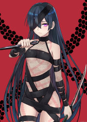 Rule 34 | 1girl, bad id, bad pixiv id, bare shoulders, black hair, black ribbon, closed mouth, commentary request, fate/grand order, fate (series), fishnets, hair over one eye, highres, holding, holding sword, holding weapon, katana, kunai, long hair, looking at viewer, mochizuki chiyome (fate), navel, purple eyes, red background, revealing clothes, ribbon, solo, sword, very long hair, weapon, yukihama