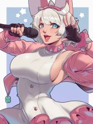 Rule 34 | 1girl, absurdres, ahoge, animal ears, black gloves, blue eyes, blush, bracelet, breasts, clover, collar, dress, elphelt valentine, fingerless gloves, four-leaf clover, gloves, guilty gear, guilty gear strive, hairband, highres, holding, holding microphone, huge ahoge, jacket, jewelry, large breasts, looking at viewer, microphone, music, open mouth, pink hairband, pink jacket, short hair, sideboob, singing, skullworms, smile, spiked bracelet, spiked collar, spiked hairband, spikes, star (symbol), white dress, white hair