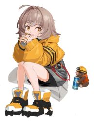 Rule 34 | 1girl, ahoge, arknights, can, cement (arknights), commentary request, grey hair, hair intakes, hard hat, helmet, highres, holding, holding can, jacket, kegani (kegani01), mole (animal), shoes, short hair, simple background, sitting, white background, yellow eyes, yellow jacket