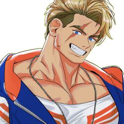 Rule 34 | 1boy, absurdres, bara, blonde hair, character request, facial scar, grin, head tilt, highres, hood, hood down, jewelry, large pectorals, male focus, multicolored hair, muscular, muscular male, necklace, partially unzipped, pectoral cleavage, pectorals, scar, scar across eye, scar on cheek, scar on face, short hair, smile, solo, takayakaiti (tk049ccn), two-tone hair, upper body, zipper