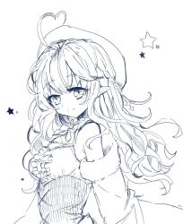 Rule 34 | 1girl, ahoge, bare shoulders, beret, braid, commentary request, detached sleeves, expressive hair, greyscale, hair between eyes, half updo, hat, heart, hololive, long hair, looking at viewer, maikome, monochrome, pointy ears, sidelocks, single braid, solo, star (symbol), upper body, virtual youtuber, yukihana lamy