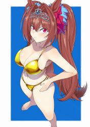 Rule 34 | 1girl, animal ears, barefoot, bikini, blue background, blue scrunchie, blush, border, bow, breasts, brown hair, brown tail, cleavage, collarbone, commentary request, daiwa scarlet (umamusume), ear bow, feet, gold bikini, hair between eyes, hair intakes, hair ornament, hair scrunchie, hands on own hips, highres, horse ears, horse girl, horse tail, large breasts, long hair, looking at viewer, navel, outside border, red bow, red eyes, scrunchie, sideboob, simple background, slit pupils, solo, strap gap, string bikini, swimsuit, tail, thighs, tiara, toes, twintails, umamusume, v-shaped eyebrows, very long hair, white border, zasshu nigou