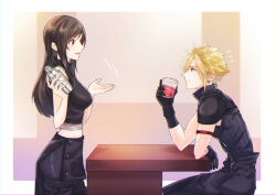 Rule 34 | 1boy, 1girl, apron, armor, bare shoulders, black gloves, black hair, black skirt, blonde hair, blue eyes, breasts, brown hair, closed mouth, cloud strife, cocktail shaker, crop top, cup, drinking glass, earrings, elbow on table, elbow rest, final fantasy, final fantasy vii, final fantasy vii advent children, from side, gloves, hand up, high collar, highres, holding, holding cup, indoors, jewelry, large breasts, long hair, looking at another, midriff peek, mizuamememe, open mouth, red eyes, shirt, shoulder armor, sidelocks, single earring, sitting, skirt, sleeveless, sleeveless shirt, spiked hair, standing, table, teeth, tifa lockhart, undershirt, upper teeth only, waist apron