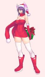 Rule 34 | 1girl, bare shoulders, boots, breasts, christmas, cleavage, commentary, dress, elbow gloves, eyepatch, full body, gift, gloves, hair between eyes, hat, headgear, kantai collection, large breasts, looking at viewer, pink background, purple hair, red dress, red footwear, red hat, red scarf, santa costume, santa hat, scarf, short dress, short hair, simple background, skindentation, smile, solo, standing, tenryuu (kancolle), thighhighs, white thighhighs, yellow eyes, yuuji (and)