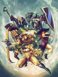 Rule 34 | 3boys, 3girls, abs, amazon (dragon&#039;s crown), armor, bikini armor, boots, breasts, cleavage, dragon&#039;s crown, dwarf (dragon&#039;s crown), elf (dragon&#039;s crown), fighter (dragon&#039;s crown), gloves, hammer, highres, large breasts, midair, moon, multiple boys, multiple girls, muscular, muscular female, pteruges, shield, socha (pixiv99744), sorceress (dragon&#039;s crown), staff, sword, thick thighs, thighs, weapon, wizard (dragon&#039;s crown)
