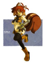 Rule 34 | 1girl, animal ears, antenna hair, arc system works, black thighhighs, blazblue, blazblue: continuum shift, boots, breasts, brown eyes, brown hair, character name, copyright name, koucha inu, makoto nanaya, midriff, navel, revealing clothes, short hair, solo, squirrel ears, squirrel tail, tail, thighhighs, tonfa, underboob, weapon