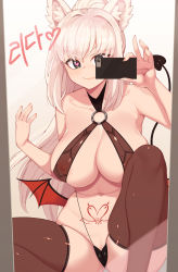 Rule 34 | 1girl, absurdres, animal ears, bad id, bad pixiv id, bare shoulders, bikini, black thighhighs, black wings, blush, breasts, cameltoe, cellphone, cleavage, closed mouth, collarbone, commentary request, covered erect nipples, demon tail, demon wings, female pov, fingernails, green eyes, groin, hair between eyes, hair intakes, heart, heart-shaped pupils, highleg, highleg bikini, highleg swimsuit, highres, holding, holding phone, korean commentary, large breasts, long hair, looking at viewer, mirror, nail polish, navel, o-ring, o-ring bikini, o-ring top, original, phone, pink nails, pov, pubic tattoo, reflection, secretbusiness, see-through, selfie, sidelocks, simple background, skindentation, slingshot swimsuit, smartphone, smile, solo, spread legs, stomach, string bikini, swimsuit, symbol-shaped pupils, tail, taking picture, tattoo, thighhighs, white background, white hair, wings