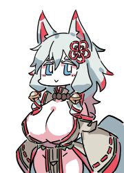 Rule 34 | 1girl, absurdres, alasharx, animal ears, bell, blue eyes, breasts, bright pupils, chibi, chinese commentary, cleavage, colored eyelashes, commentary request, cowboy shot, detached sleeves, fox ears, fox girl, fox tail, grey hair, grey kimono, grey tail, groin, hair bell, hair between eyes, hair ornament, highres, huge breasts, japanese clothes, jingle bell, kimono, long hair, long sleeves, multicolored hair, nazuna (sequel awake), no panties, pelvic curtain, red hair, ribbon-trimmed sleeves, ribbon trim, sequel (series), sequel awake, simple background, sleeves past fingers, sleeves past wrists, solo, standing, tail, thighs, two-tone hair, white background, white pupils, wide sleeves