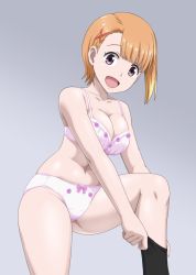 Rule 34 | 1girl, asymmetrical bangs, black legwear, bra, breasts, cleavage, collarbone, dressing, gluteal fold, grey background, hair ornament, happy, knee up, large breasts, looking at viewer, mieruko-chan, navel, open mouth, orange hair, panties, purple eyes, short hair, simple background, smile, stomach, thick thighs, thighs, underwear, underwear only, vierosky, white bra, white panties, x hair ornament, yurikawa hana