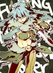 Rule 34 | 1boy, arutopian, blue hair, brown pants, cape, chain, clenched teeth, commentary request, feet out of frame, fur collar, green cape, hair between eyes, horns, long hair, looking to the side, male focus, navel, orange eyes, pants, profanity, ragnarok online, shadow chaser (ragnarok online), shrug (clothing), solo, teeth, waist cape