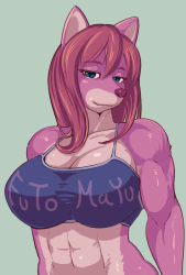 Rule 34 | 1girl, abs, animal ears, breasts, cleavage, clothes writing, colored skin, fox ears, furry, furry female, green eyes, large breasts, long hair, original, pink skin, red hair, sashizume soutarou, snout, solo, spaghetti strap, tank top, taut clothes
