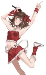 Rule 34 | 1girl, absurdres, amami haruka, armpits, arms up, boots, bow, breasts, brown hair, choker, commission, cross, cross necklace, dutch angle, green eyes, hair bow, highres, idolmaster, jewelry, looking at viewer, medium hair, midriff, miniskirt, navel, necklace, pearl necklace, pixiv commission, red bow, skirt, small breasts, smile, standing, standing on one leg, white choker, yurumawari