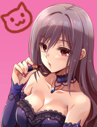 Rule 34 | 1girl, :3, :o, alternate hairstyle, bare shoulders, black hair, black lips, blush, breasts, choker, cleavage, collarbone, cosmetics, detached sleeves, dress, fingernails, gem, glint, hair down, holding, holding lipstick tube, idolmaster, idolmaster cinderella girls, jewelry, kanzaki ranko, lipstick, lipstick tube, long fingernails, long hair, long sleeves, makeup, medium breasts, nail polish, necklace, open mouth, pink background, pink eyes, pink nails, purple choker, purple dress, blue gemstone, simple background, solo, strapless, strapless dress, upper body, uraichishi