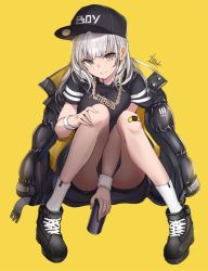 Rule 34 | 1girl, bandaid, bandaid on knee, bandaid on leg, baseball cap, black footwear, black hat, black jacket, black shirt, black shorts, brown eyes, chain, closed mouth, commentary request, full body, hat, jacket, jewelry, knees up, long hair, long sleeves, looking at viewer, micro shorts, mole, necklace, original, shirt, shoes, short sleeves, shorts, sidelocks, signature, silver hair, simple background, sitting, smile, sneakers, socks, solo, t-track, thighs, unworn jacket, white socks, wristband, yellow background