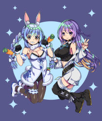 Rule 34 | 2girls, animal ear fluff, animal ears, bare shoulders, belt, black footwear, black gloves, black leotard, black shirt, black thighhighs, blonde hair, blouse, blue background, blue hair, boots, bow, braid, breasts, carrot, carrot hair ornament, chai mao, cleavage, coat, commentary, crop top, don-chan (usada pekora), english commentary, extra ears, fold-over boots, food, food-themed hair ornament, fur trim, gloves, gradient hair, grin, hair ornament, highres, hololive, hololive fantasy, hololive indonesia, jacket, large breasts, leotard, long hair, looking at viewer, moona hoshinova, multicolored hair, multiple girls, orange eyes, pantyhose, paw pose, pom pom (clothes), purple background, purple eyes, purple hair, rabbit ears, rabbit girl, rabbit tail, shirt, sideboob, simple background, sleeveless, smile, sparkle, sparkle background, strapless, tail, taut clothes, taut shirt, teeth, thick eyebrows, thigh boots, thighhighs, twin braids, two-tone hair, usada pekora, usada pekora (1st costume), v, very long hair, virtual youtuber, white bow, white coat, white footwear, white hair, white jacket