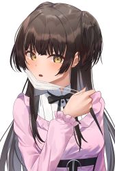 Rule 34 | 1girl, :o, absurdres, black hair, blouse, blunt bangs, blush, frilled sleeves, frills, highres, idolmaster, idolmaster shiny colors, long sleeves, looking at viewer, mayuzumi fuyuko, pink shirt, removing mask, shirt, simple background, sl10 d, solo, two side up, upper body, white background, white mask, yellow eyes