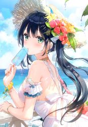 Rule 34 | 1girl, absurdres, bare shoulders, black hair, blue sky, blush, bow, bowtie, bracelet, breasts, choker, cloud, cloudy sky, day, dress, earrings, fingernails, flower, food, fuumi (radial engine), green eyes, hat, hibiscus, highres, holding, holding food, jewelry, long hair, looking at viewer, looking back, medium breasts, nail polish, ocean, original, popsicle, railing, scan, simple background, sky, sleeveless, sleeveless dress, solo, water, water drop, white dress