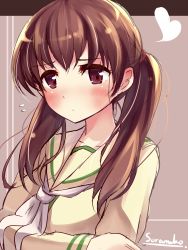 Rule 34 | 10s, 1girl, blush, brown eyes, brown hair, crossed arms, heart, highres, kantai collection, long sleeves, looking at viewer, neckerchief, ooi (kancolle), school uniform, serafuku, solo, soramuko, twintails, twintails day, upper body