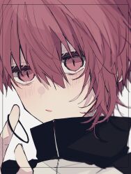 Rule 34 | 1boy, black jacket, blue lock, collared jacket, hair tie, hand up, high collar, highres, jacket, kurona ranze, looking at viewer, male focus, natsuneco 02, portrait, red eyes, short hair, solo, white background